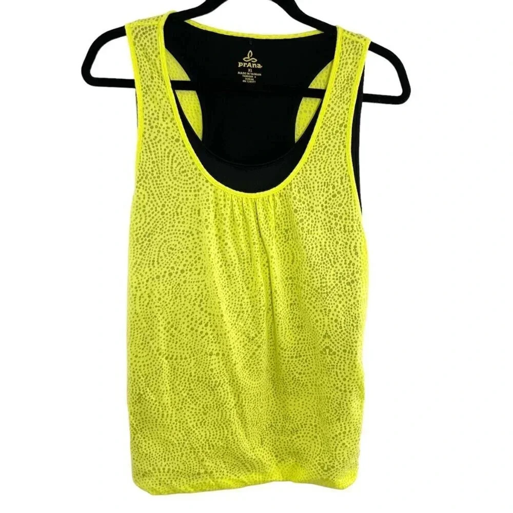 Prana Neon Lemon Lime & Black Layered Tank Top Women's Size XL